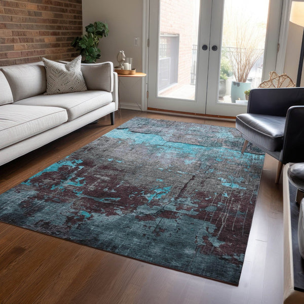 HomeRoots 10' Modern Teal Blue Gray Abstract Washable Area Rug for Indoor & Outdoor Use – Durable & Stylish! 620790