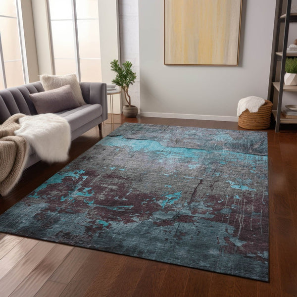HomeRoots 10' Modern Teal Blue Gray Abstract Washable Area Rug for Indoor & Outdoor Use – Durable & Stylish! 620790