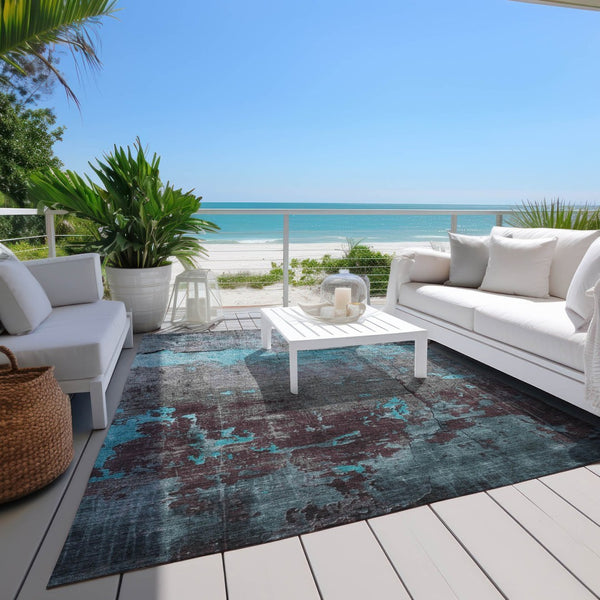 HomeRoots 10' Modern Teal Blue Gray Abstract Washable Area Rug for Indoor & Outdoor Use – Durable & Stylish! 620790