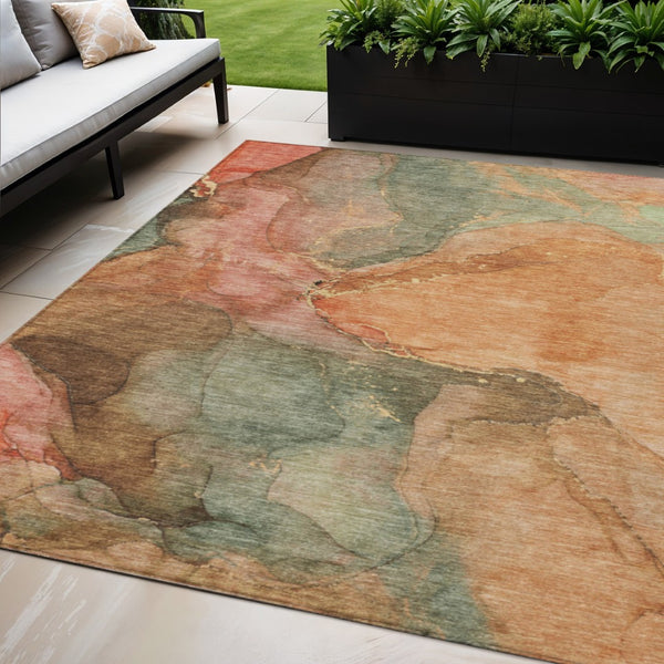 HomeRoots 5' Coral Brown and Mint Green Abstract Washable Area Rug - Stylish, Durable for Indoor/Outdoor Use 620798