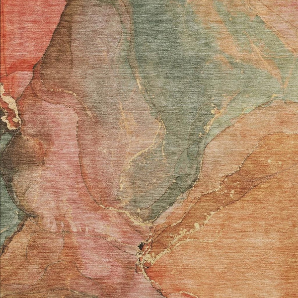 HomeRoots 5' Coral Brown and Mint Green Abstract Washable Area Rug - Stylish, Durable for Indoor/Outdoor Use 620798