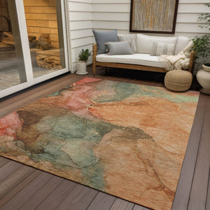 HomeRoots 5' Coral Brown and Mint Green Abstract Washable Area Rug - Stylish, Durable for Indoor/Outdoor Use 620798