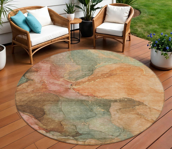 HomeRoots 8' Round Abstract Coral Brown & Mint Green Washable Rug - Stylish Indoor/Outdoor Decor Solution! 620799
