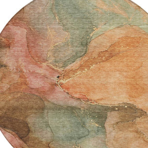 HomeRoots 8' Round Abstract Coral Brown & Mint Green Washable Rug - Stylish Indoor/Outdoor Decor Solution! 620799
