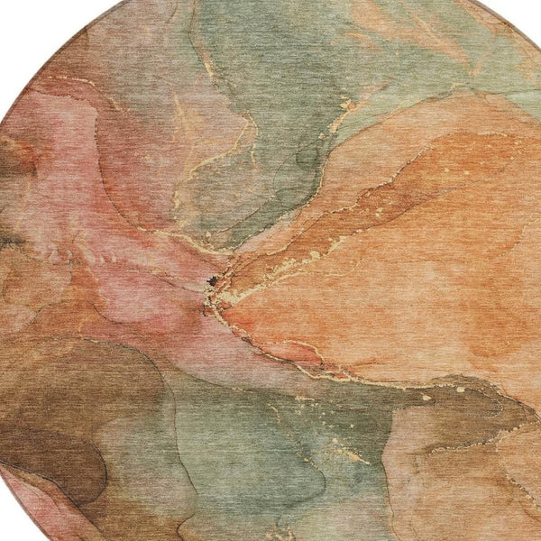 HomeRoots 8' Round Abstract Coral Brown & Mint Green Washable Rug - Stylish Indoor/Outdoor Decor Solution! 620799