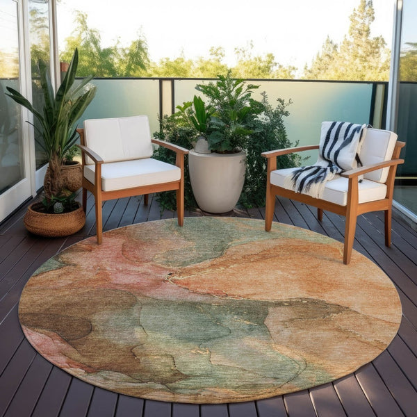 HomeRoots 8' Round Abstract Coral Brown & Mint Green Washable Rug - Stylish Indoor/Outdoor Decor Solution! 620799