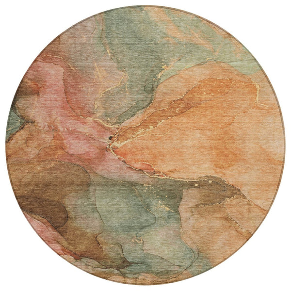 HomeRoots 8' Round Abstract Coral Brown & Mint Green Washable Rug - Stylish Indoor/Outdoor Decor Solution! 620799