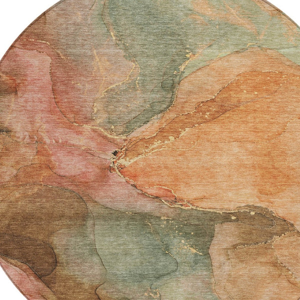 HomeRoots 8' Round Abstract Coral Brown & Mint Green Washable Rug - Stylish Indoor/Outdoor Decor Solution! 620799