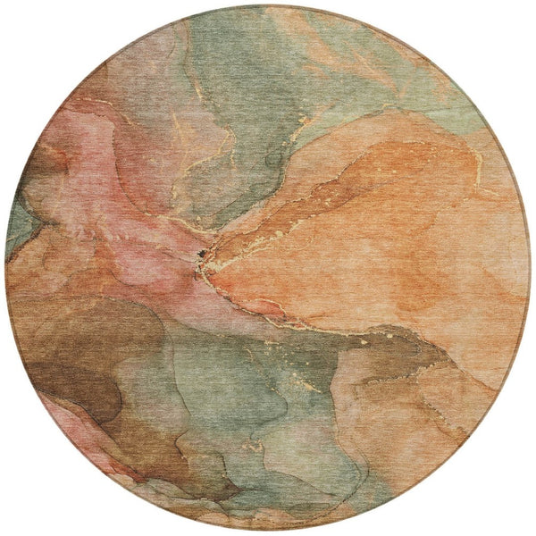 HomeRoots 8' Round Abstract Coral Brown & Mint Green Washable Rug - Stylish Indoor/Outdoor Decor Solution! 620799