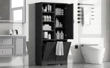 English Elm Bathroom Storage Cabinet With Doors and Drawers, Tilt-Out Laundry Hamper, Multiple Storage Space, Freestanding Style, Open Shelve, Adjustable Shelf, Black