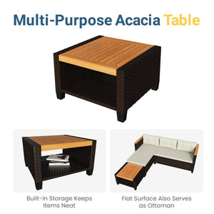 English Elm 3-piece Outdoor Pe Rattan L-shaped Sectional with Acacia Storage Table for Patio Beige+Brown B082P455128