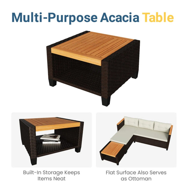 English Elm 3-piece Outdoor Pe Rattan L-shaped Sectional with Acacia Storage Table for Patio Beige+Brown B082P455128