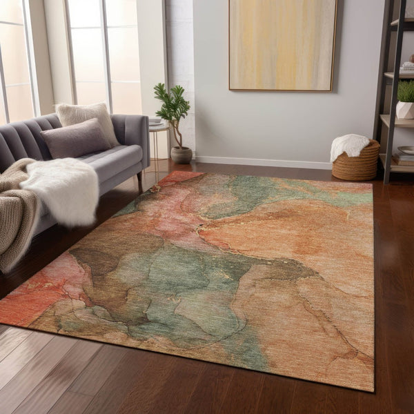 HomeRoots 8' X 10' Stylish Coral Brown & Mint Green Abstract Rug - Washable for Indoor & Outdoor Use! 620800