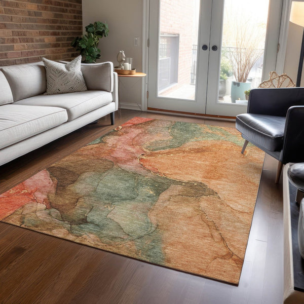 HomeRoots 9' X 12' Coral Brown & Mint Green Abstract Area Rug - Washable, Durable for Indoor & Outdoor Use 620801