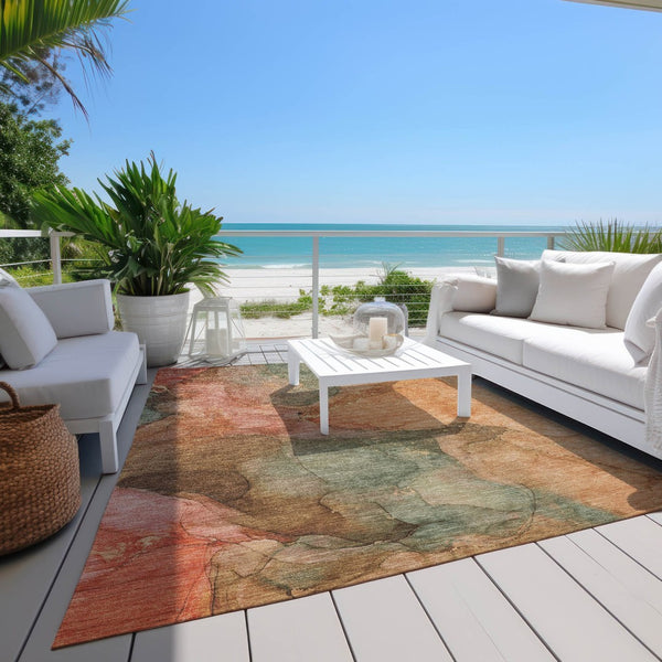 HomeRoots 9' X 12' Coral Brown & Mint Green Abstract Area Rug - Washable, Durable for Indoor & Outdoor Use 620801