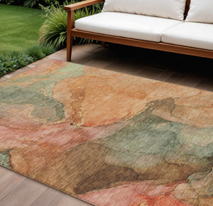HomeRoots 10' Coral Brown & Mint Green Abstract Washable Area Rug - Durable, Stylish for Indoor/Outdoor Use 620802