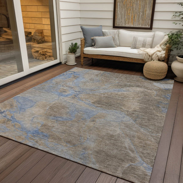 HomeRoots 5' Taupe Beige and Blue Abstract Indoor Outdoor Area Rug - Durable, Washable, Stylish for Any Space 620810