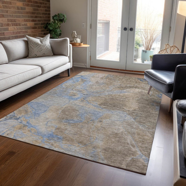 HomeRoots 5' Taupe Beige and Blue Abstract Indoor Outdoor Area Rug - Durable, Washable, Stylish for Any Space 620810