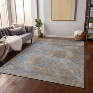 HomeRoots 5' Taupe Beige and Blue Abstract Indoor Outdoor Area Rug - Durable, Washable, Stylish for Any Space 620810