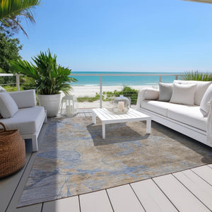 HomeRoots 5' Taupe Beige and Blue Abstract Indoor Outdoor Area Rug - Durable, Washable, Stylish for Any Space 620810