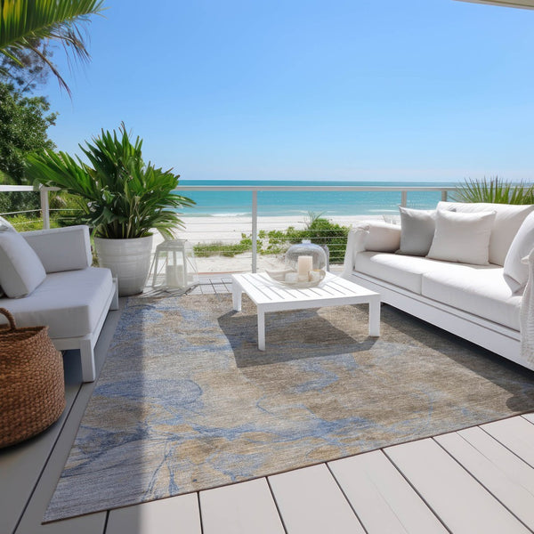 HomeRoots 5' Taupe Beige and Blue Abstract Indoor Outdoor Area Rug - Durable, Washable, Stylish for Any Space 620810