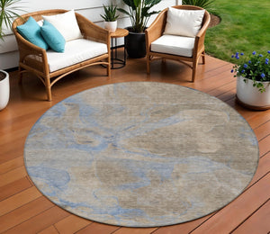 HomeRoots 8' Round Abstract Area Rug in Taupe, Beige & Blue - Washable, Durable for Indoor & Outdoor Use 620811