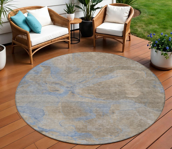 HomeRoots 8' Round Abstract Area Rug in Taupe, Beige & Blue - Washable, Durable for Indoor & Outdoor Use 620811