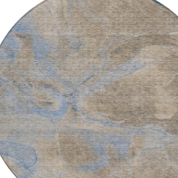 HomeRoots 8' Round Abstract Area Rug in Taupe, Beige & Blue - Washable, Durable for Indoor & Outdoor Use 620811