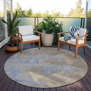HomeRoots 8' Round Abstract Area Rug in Taupe, Beige & Blue - Washable, Durable for Indoor & Outdoor Use 620811