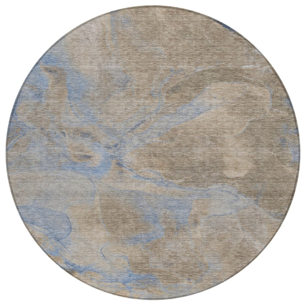 HomeRoots 8' Round Abstract Area Rug in Taupe, Beige & Blue - Washable, Durable for Indoor & Outdoor Use 620811