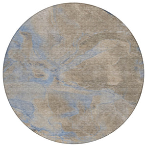 HomeRoots 8' Round Abstract Area Rug in Taupe, Beige & Blue - Washable, Durable for Indoor & Outdoor Use 620811