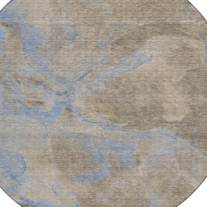 HomeRoots 8' Round Abstract Area Rug in Taupe, Beige & Blue - Washable, Durable for Indoor & Outdoor Use 620811