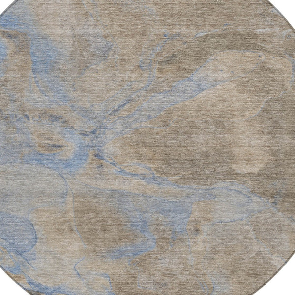 HomeRoots 8' Round Abstract Area Rug in Taupe, Beige & Blue - Washable, Durable for Indoor & Outdoor Use 620811