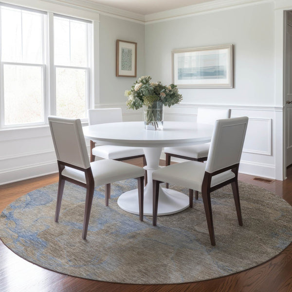 HomeRoots 8' Round Abstract Area Rug in Taupe, Beige & Blue - Washable, Durable for Indoor & Outdoor Use 620811