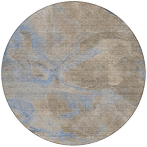 HomeRoots 8' Round Abstract Area Rug in Taupe, Beige & Blue - Washable, Durable for Indoor & Outdoor Use 620811