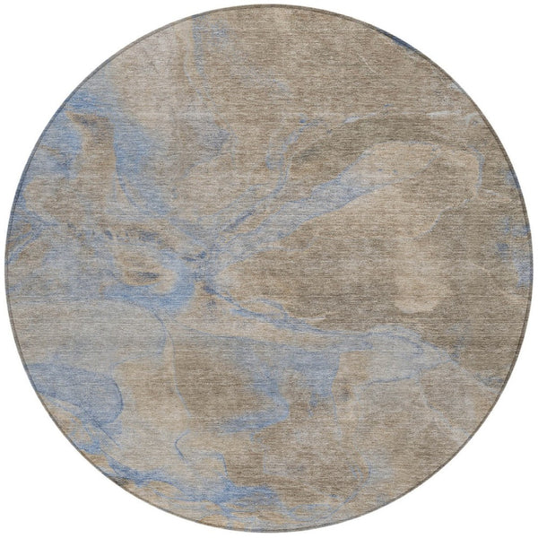 HomeRoots 8' Round Abstract Area Rug in Taupe, Beige & Blue - Washable, Durable for Indoor & Outdoor Use 620811