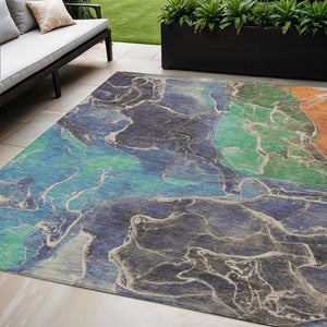HomeRoots 5' Vibrant Abstract Washable Area Rug - Blue, Green & Orange for Indoor/Outdoor High Traffic Use 620822