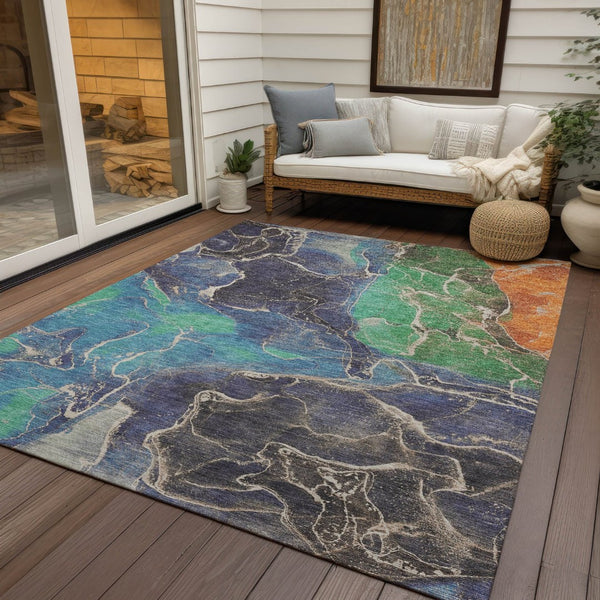 HomeRoots 5' Vibrant Abstract Washable Area Rug - Blue, Green & Orange for Indoor/Outdoor High Traffic Use 620822