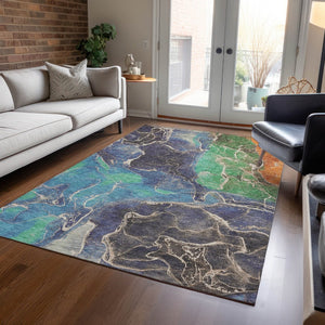 HomeRoots 5' Vibrant Abstract Washable Area Rug - Blue, Green & Orange for Indoor/Outdoor High Traffic Use 620822