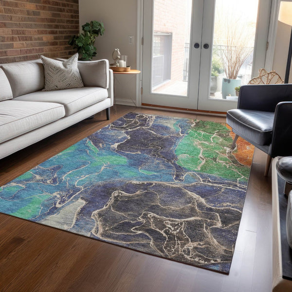 HomeRoots 5' Vibrant Abstract Washable Area Rug - Blue, Green & Orange for Indoor/Outdoor High Traffic Use 620822