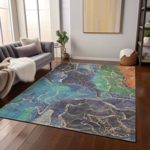 HomeRoots 5' Vibrant Abstract Washable Area Rug - Blue, Green & Orange for Indoor/Outdoor High Traffic Use 620822