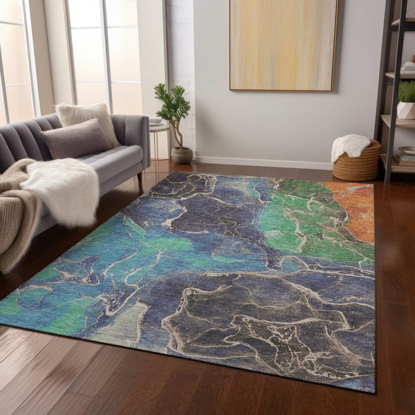 HomeRoots 5' Vibrant Abstract Washable Area Rug - Blue, Green & Orange for Indoor/Outdoor High Traffic Use 620822