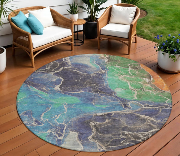HomeRoots 8' Vibrant Blue Green and Orange Round Abstract Area Rug - Washable, Durable, Indoor/Outdoor Style! 620823