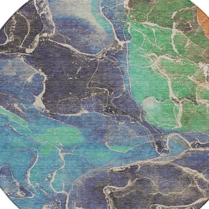 HomeRoots 8' Vibrant Blue Green and Orange Round Abstract Area Rug - Washable, Durable, Indoor/Outdoor Style! 620823