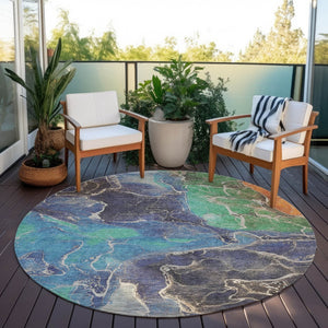 HomeRoots 8' Vibrant Blue Green and Orange Round Abstract Area Rug - Washable, Durable, Indoor/Outdoor Style! 620823