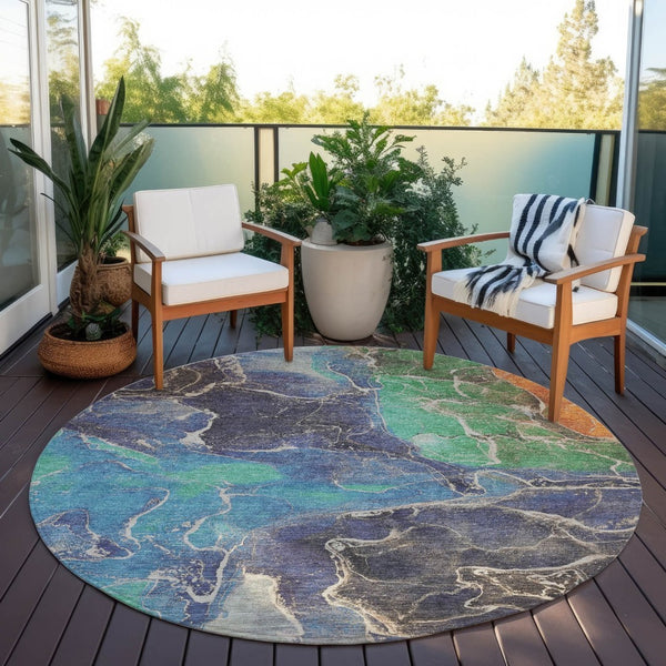HomeRoots 8' Vibrant Blue Green and Orange Round Abstract Area Rug - Washable, Durable, Indoor/Outdoor Style! 620823
