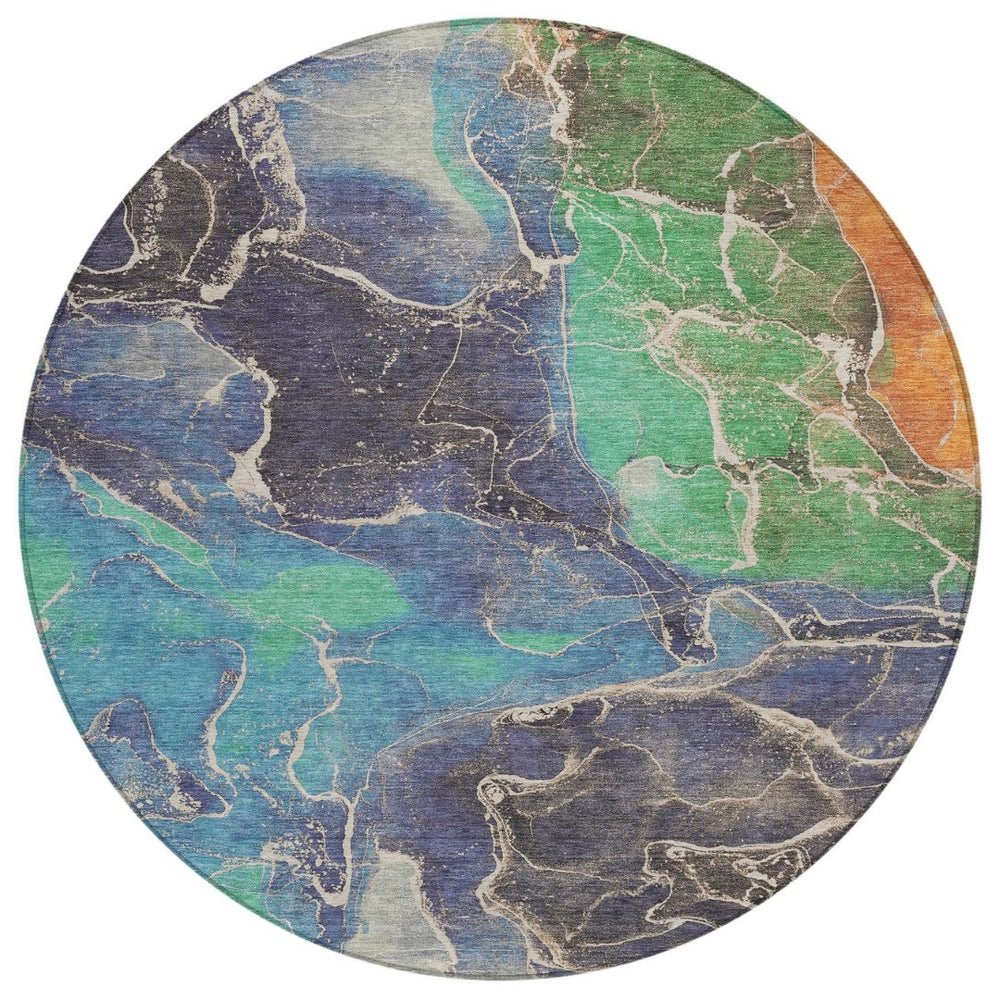 HomeRoots 8' Vibrant Blue Green and Orange Round Abstract Area Rug - Washable, Durable, Indoor/Outdoor Style! 620823