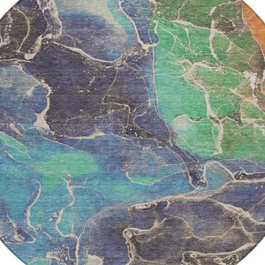 HomeRoots 8' Vibrant Blue Green and Orange Round Abstract Area Rug - Washable, Durable, Indoor/Outdoor Style! 620823