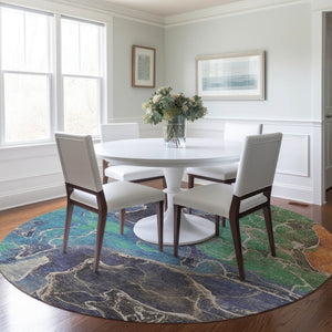 HomeRoots 8' Vibrant Blue Green and Orange Round Abstract Area Rug - Washable, Durable, Indoor/Outdoor Style! 620823