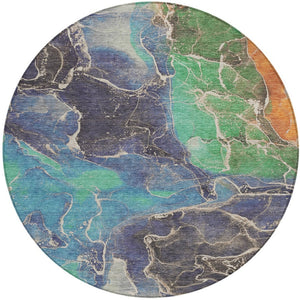 HomeRoots 8' Vibrant Blue Green and Orange Round Abstract Area Rug - Washable, Durable, Indoor/Outdoor Style! 620823